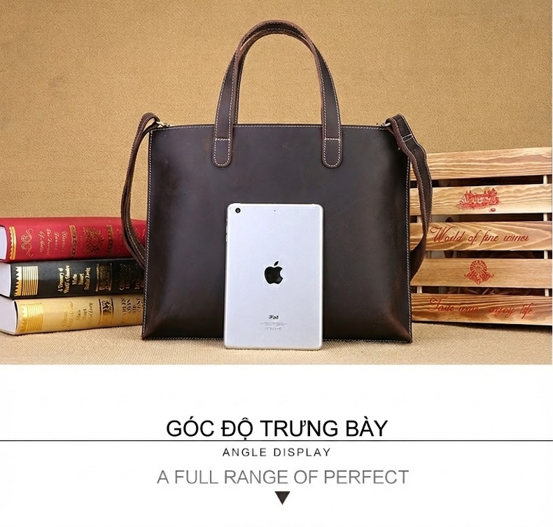 Túi Xách Tay Nam Da Bò Thật Công Sở Đựng Laptop Màu Nâu chi tiết 7
