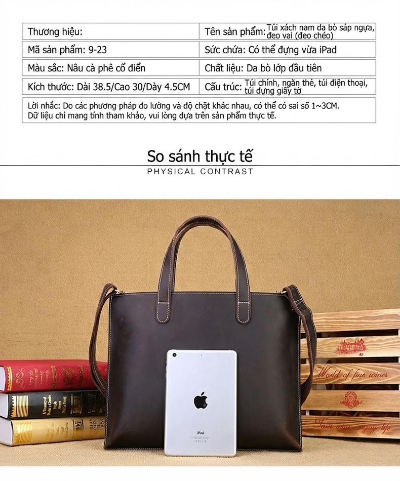 Túi Xách Tay Nam Da Bò Thật Công Sở Đựng Laptop Màu Nâu chi tiết 12