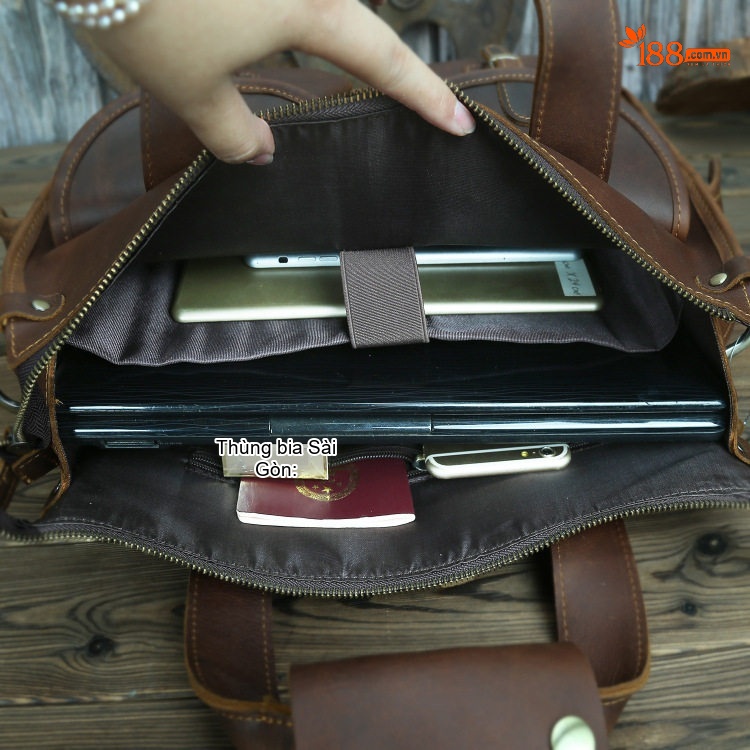 Túi Xách Tay Nam Da Bò Thật Phong Cách Retro Đựng Laptop 14 Inch Màu Nâu