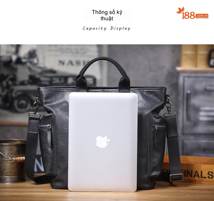 Túi Xách Tay Nam Da Bò Thiết Kế Độc Đáo Đựng Laptop Có Dây Đeo Chéo Màu Đen chi tiết 9