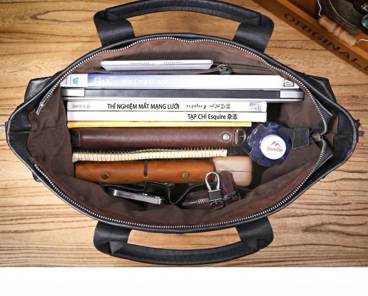 Túi Xách Tay Nam Da Bò Thiết Kế Độc Đáo Đựng Laptop Có Dây Đeo Chéo Màu Đen chi tiết 19