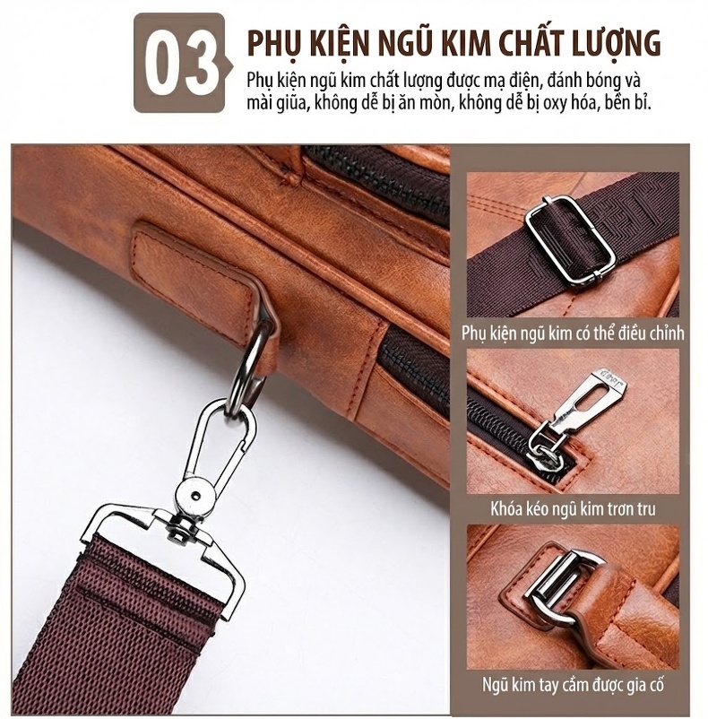 Túi Xách Tay Nam Da Bóng Công Sở Đeo Chéo Đựng Laptop Màu Nâu chi tiết 18