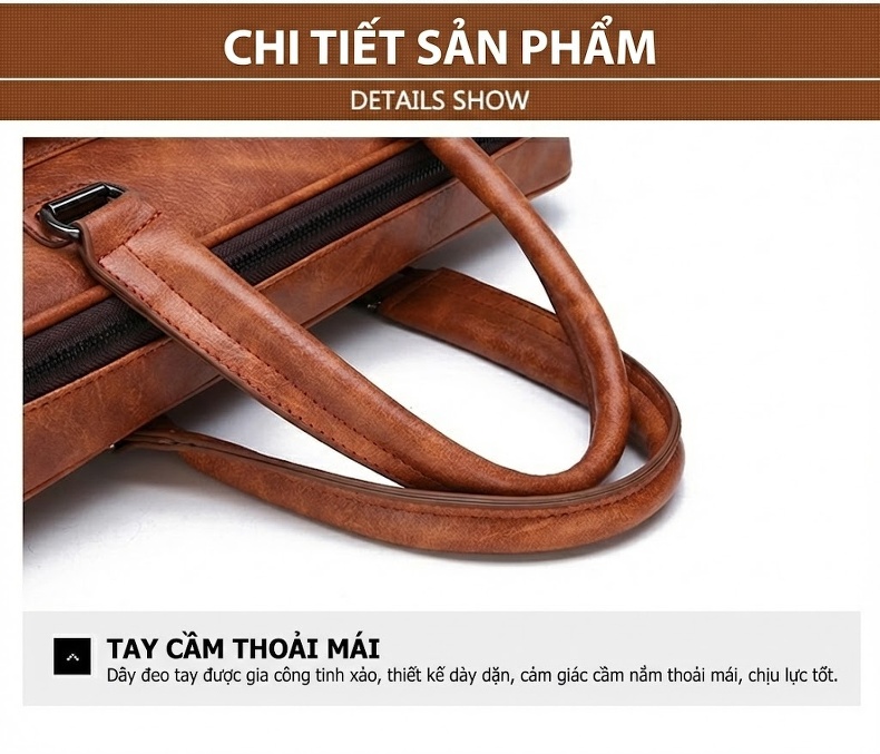 Túi Xách Tay Nam Da Bóng Công Sở Đeo Chéo Đựng Laptop Màu Nâu chi tiết 7