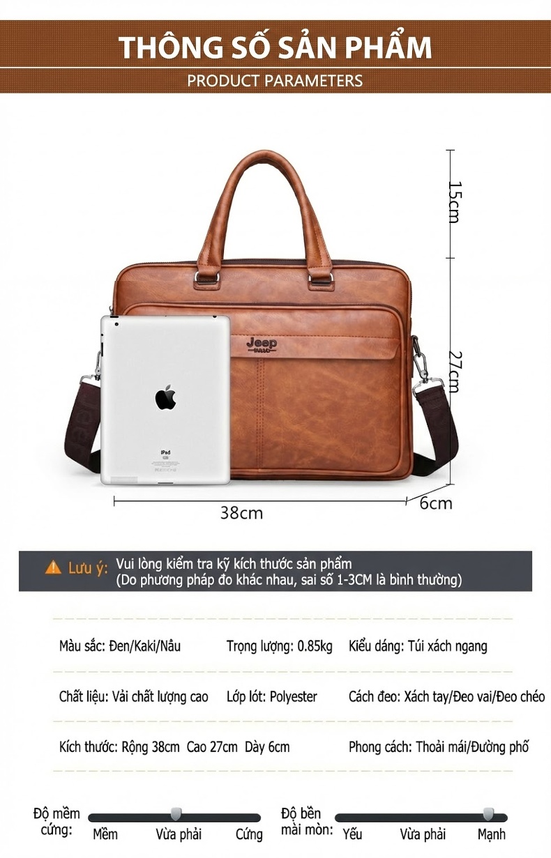 Túi Xách Tay Nam Da Bóng Công Sở Đeo Chéo Đựng Laptop Màu Nâu chi tiết 15