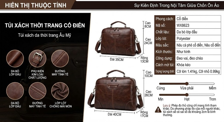 Túi Xách Tay Nam Da Thật Cao Cấp Công Sở Du Lịch Nhiều Ngăn Màu Nâu chi tiết 3