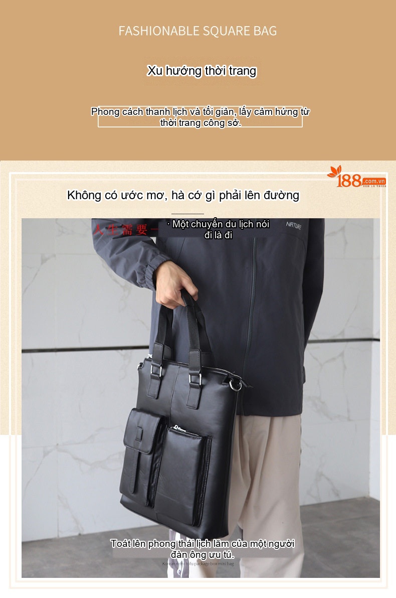 Túi Xách Tay Nam Da Thật Công Sở Đựng Laptop Có Dây Đeo Chéo Màu Đen chi tiết 2