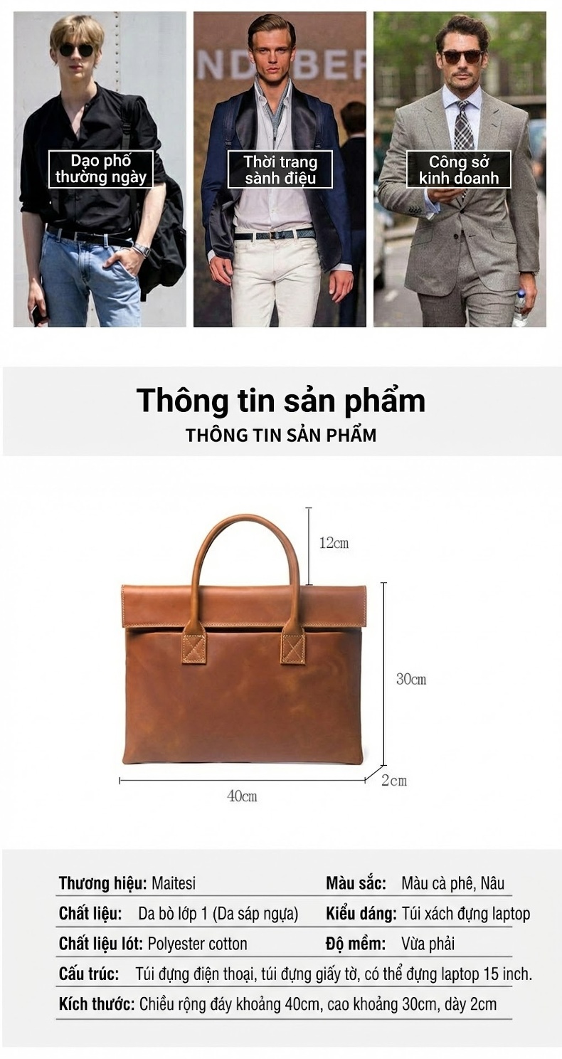 Túi Xách Tay Nam Da Thật Crazy Horse Đựng Laptop Công Sở Phong Cách Business Màu Nâu, Nâu Đậm chi tiết 6