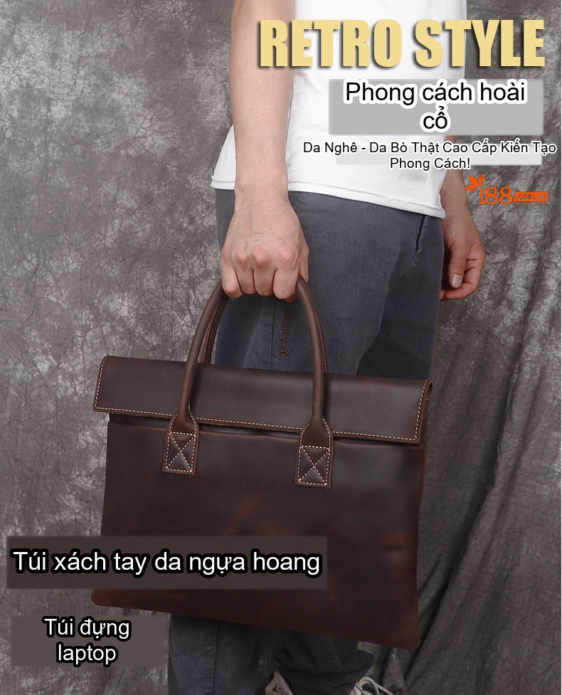 Túi Xách Tay Nam Da Thật Crazy Horse Đựng Laptop Công Sở Phong Cách Business Màu Nâu, Nâu Đậm chi tiết 1