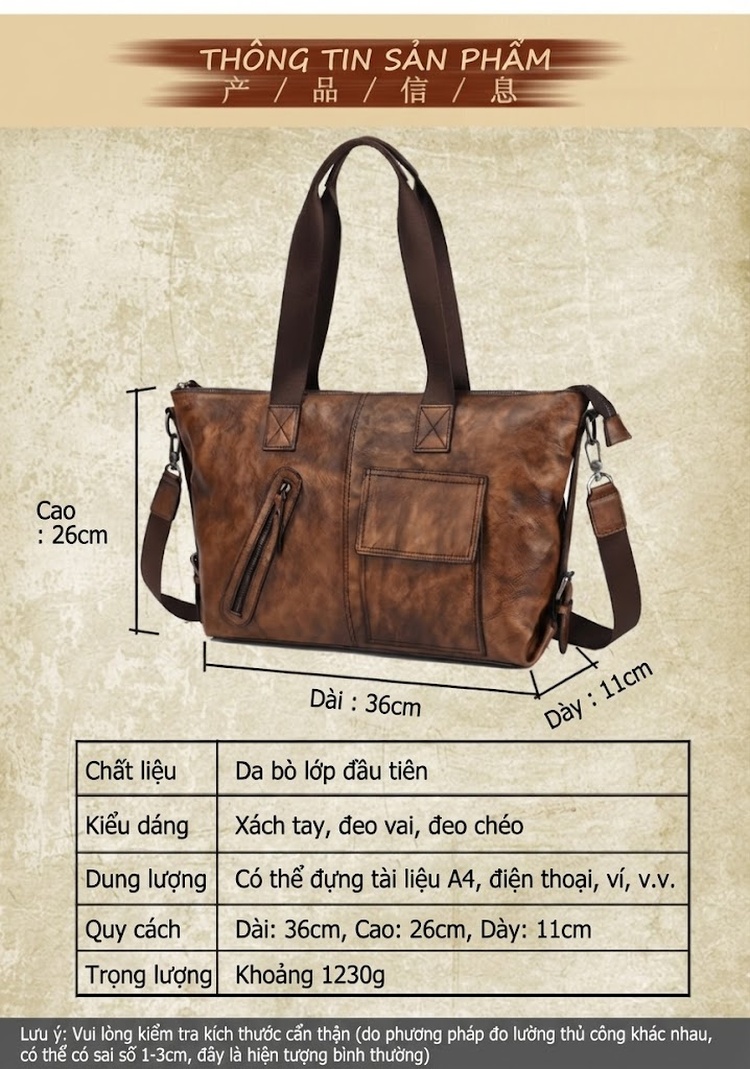 Túi Xách Tay Nam Da Thật Đeo Vai Túi Da Đeo Chéo Phong Cách Retro Hàn Quốc Màu Nâu, Đen chi tiết 2
