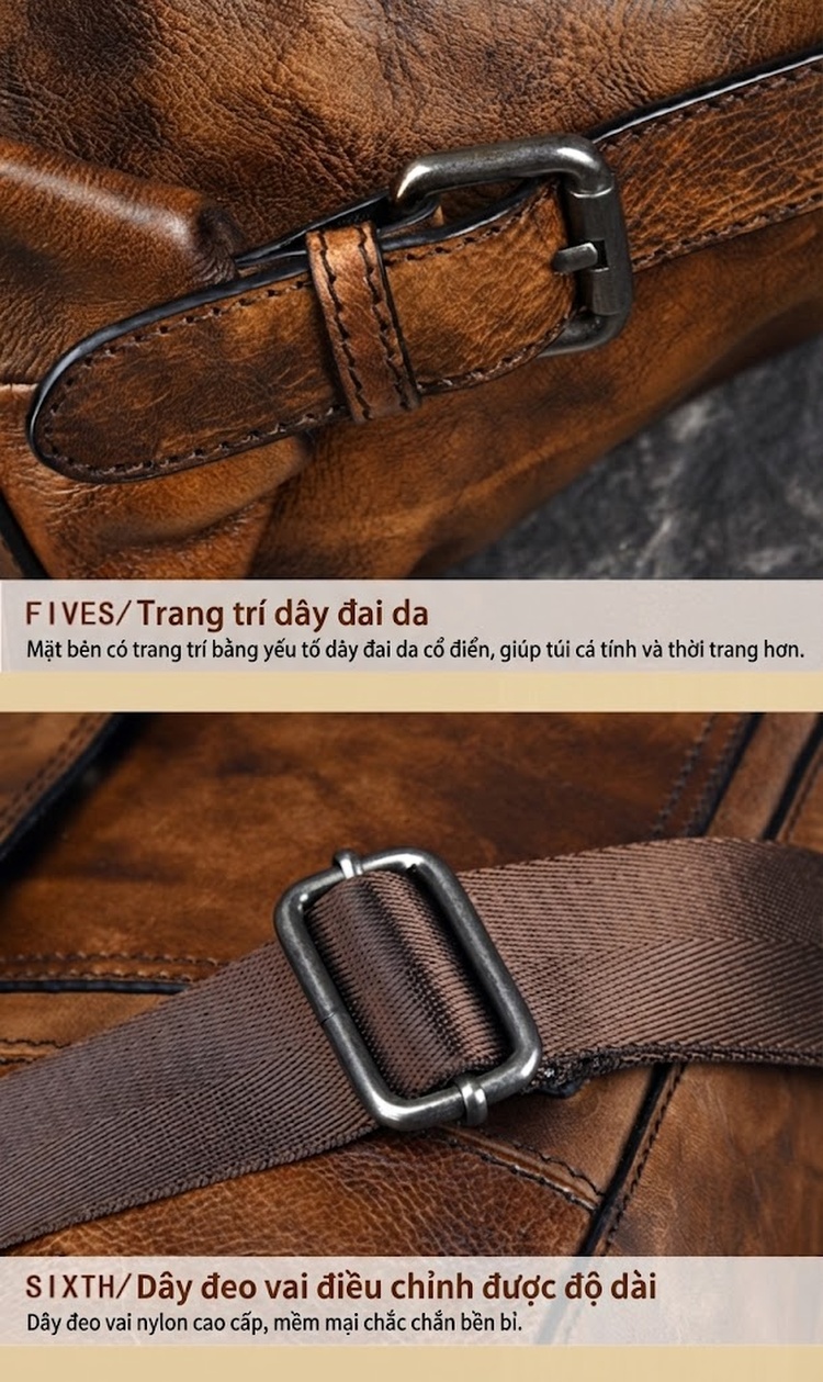Túi Xách Tay Nam Da Thật Đeo Vai Túi Da Đeo Chéo Phong Cách Retro Hàn Quốc Màu Nâu, Đen chi tiết 13
