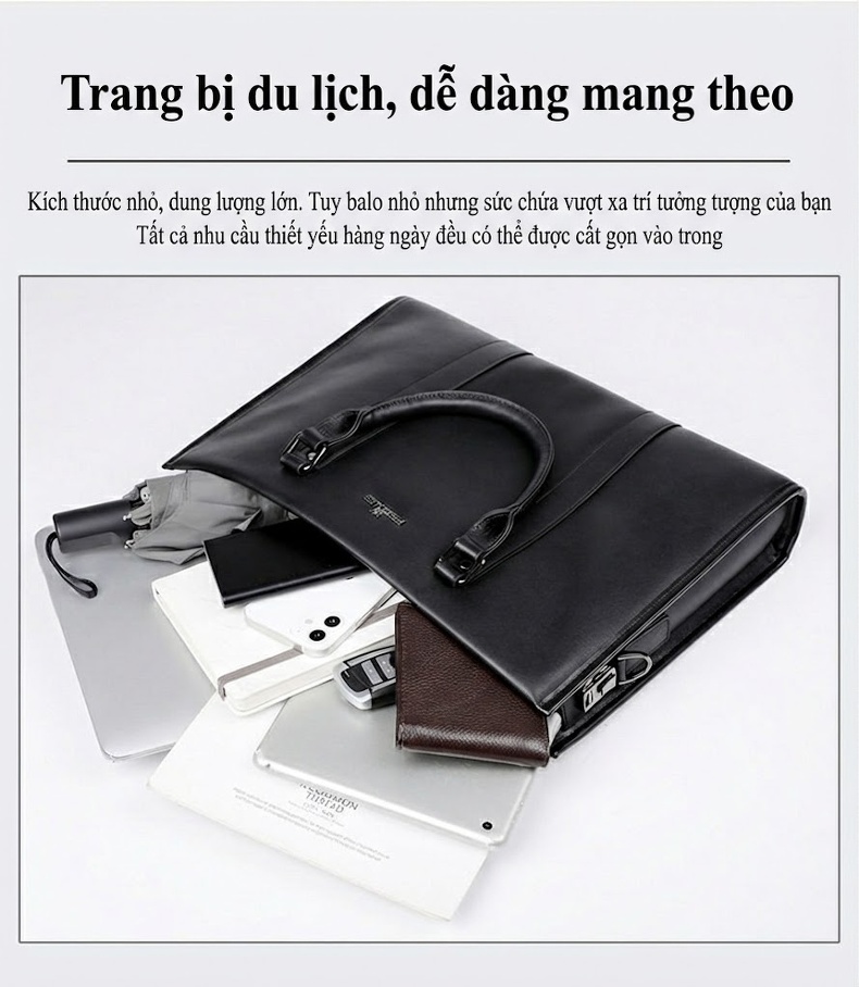 Túi Xách Tay Nam Da Thật Khóa Số Công Sở Đựng Laptop Màu Đen chi tiết 4