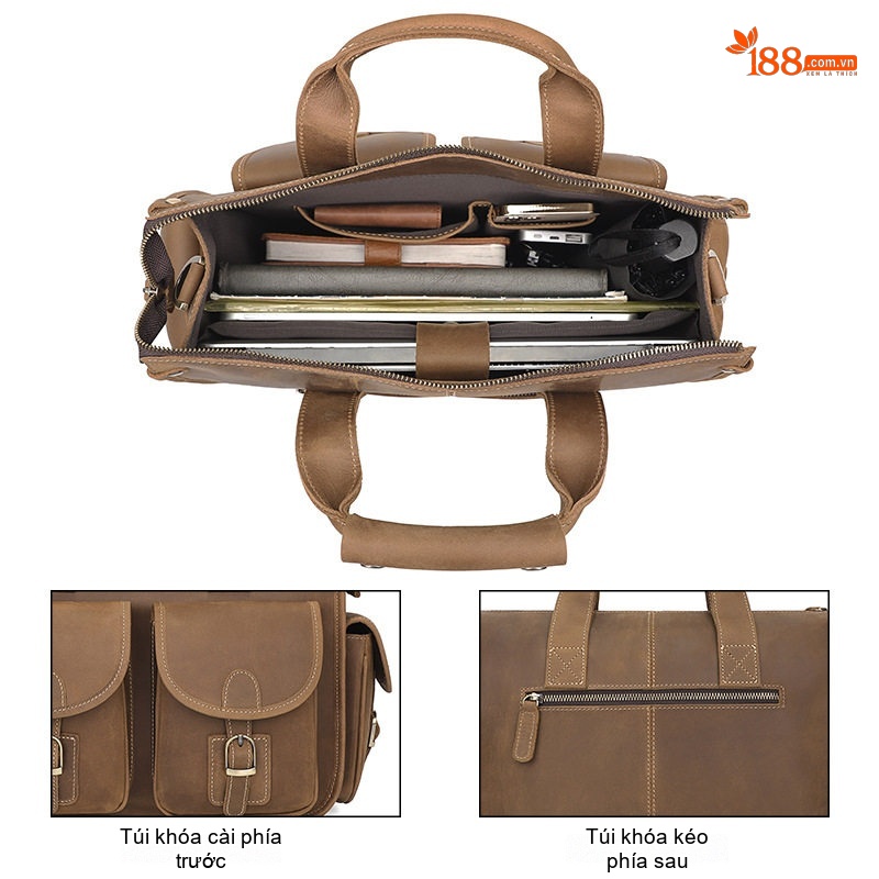 Túi Xách Tay Nam Da Thật Phong Cách Retro Đựng Laptop Có Dây Đeo Chéo Màu Nâu
