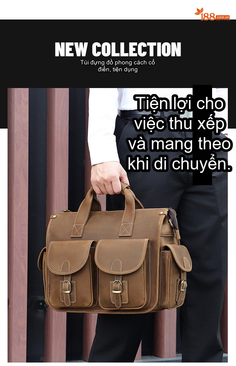 Túi Xách Tay Nam Da Thật Phong Cách Retro Đựng Laptop Có Dây Đeo Chéo Màu Nâu chi tiết 1
