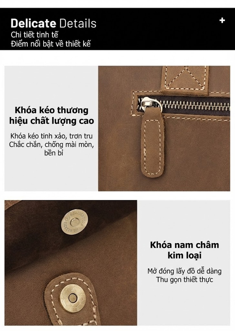 Túi Xách Tay Nam Da Thật Phong Cách Retro Đựng Laptop Có Dây Đeo Chéo Màu Nâu chi tiết 4