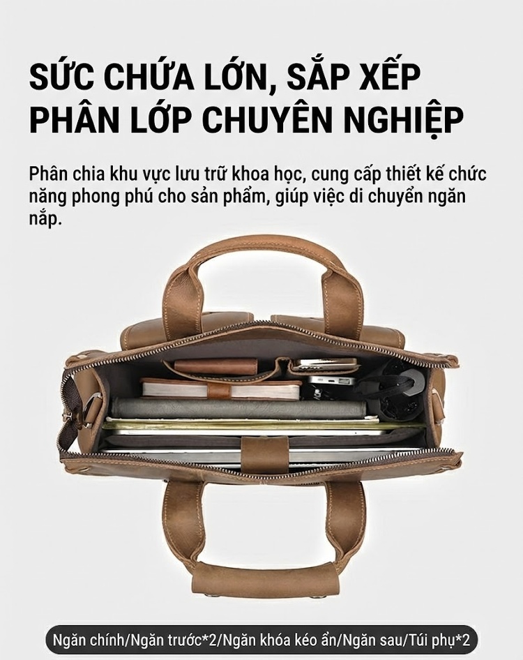 Túi Xách Tay Nam Da Thật Phong Cách Retro Đựng Laptop Có Dây Đeo Chéo Màu Nâu chi tiết 7