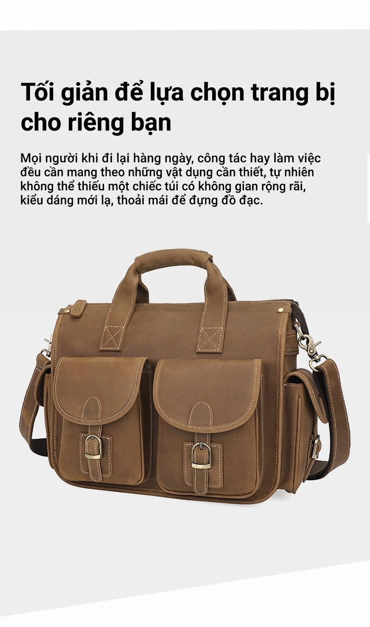 Túi Xách Tay Nam Da Thật Phong Cách Retro Đựng Laptop Có Dây Đeo Chéo Màu Nâu chi tiết 5