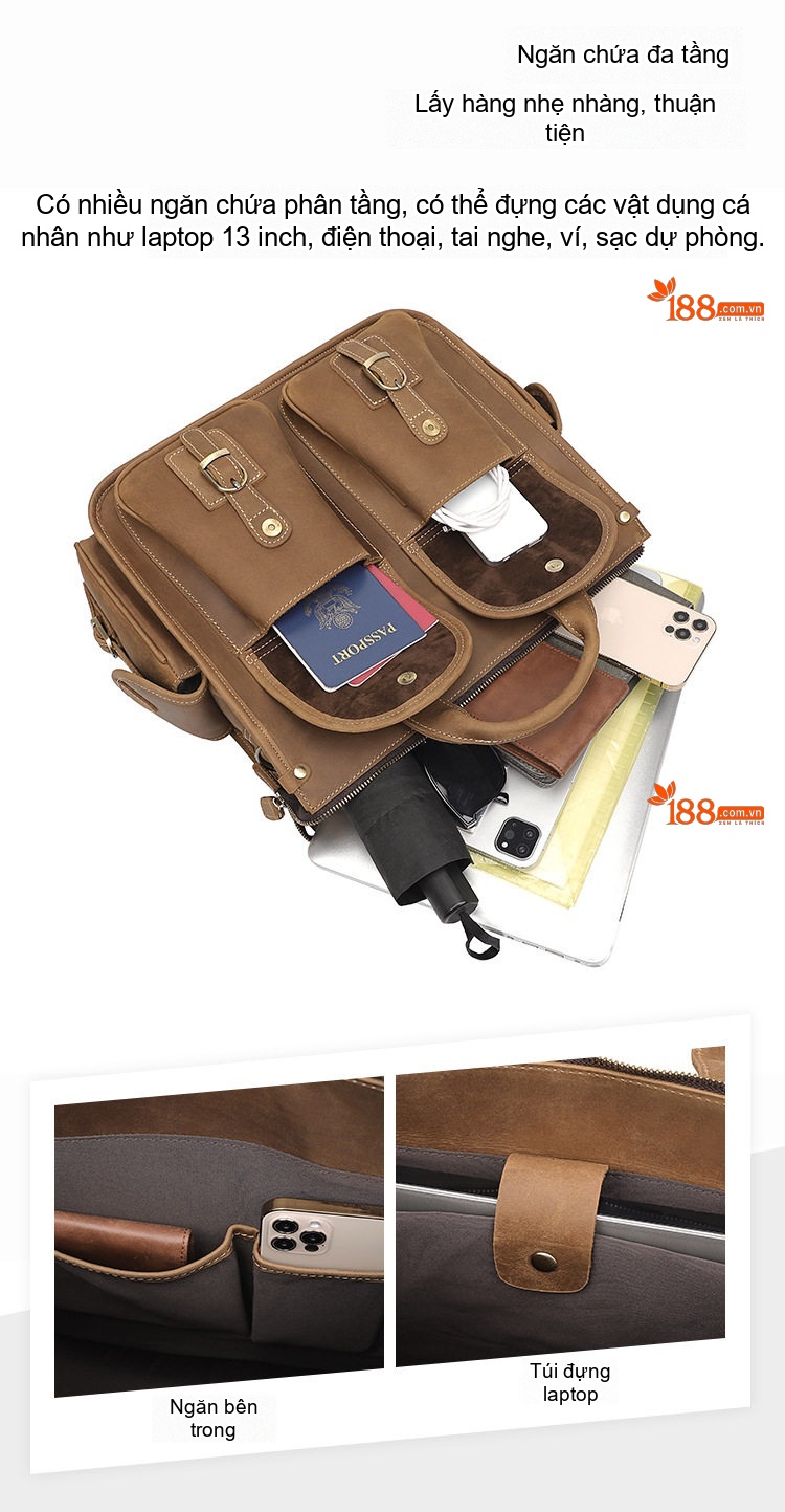 Túi Xách Tay Nam Da Thật Phong Cách Retro Đựng Laptop Có Dây Đeo Chéo Màu Nâu chi tiết 6