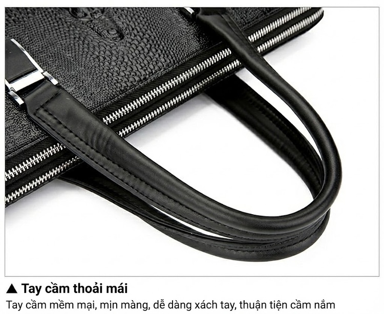 Túi Xách Tay Nam Da Thật Vân Cá Sấu Hai Khóa Kéo Đeo Vai Đựng Laptop Màu Đen chi tiết 36
