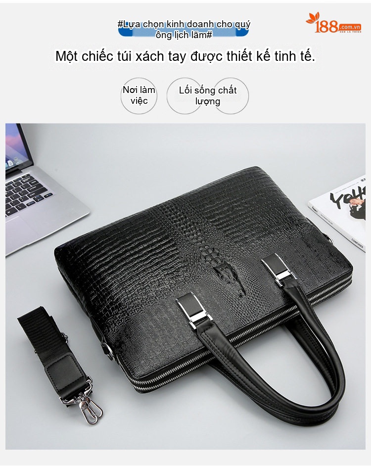 Túi Xách Tay Nam Da Thật Vân Cá Sấu Hai Khóa Kéo Đeo Vai Đựng Laptop Màu Đen chi tiết 3