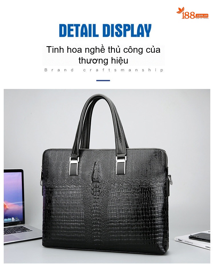 Túi Xách Tay Nam Da Thật Vân Cá Sấu Hai Khóa Kéo Đeo Vai Đựng Laptop Màu Đen chi tiết 4