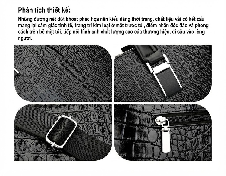 Túi Xách Tay Nam Da Thật Vân Cá Sấu Hai Khóa Kéo Đeo Vai Đựng Laptop Màu Đen chi tiết 5