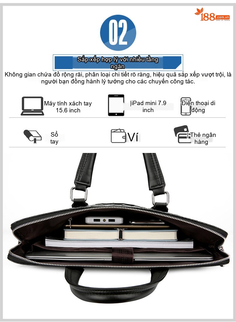 Túi Xách Tay Nam Da Thật Vân Cá Sấu Hai Khóa Kéo Đeo Vai Đựng Laptop Màu Đen chi tiết 7