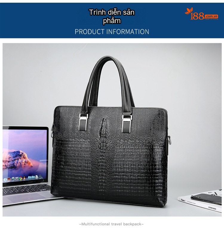Túi Xách Tay Nam Da Thật Vân Cá Sấu Hai Khóa Kéo Đeo Vai Đựng Laptop Màu Đen chi tiết 15