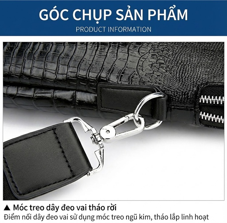 Túi Xách Tay Nam Da Thật Vân Cá Sấu Hai Khóa Kéo Đeo Vai Đựng Laptop Màu Đen chi tiết 31