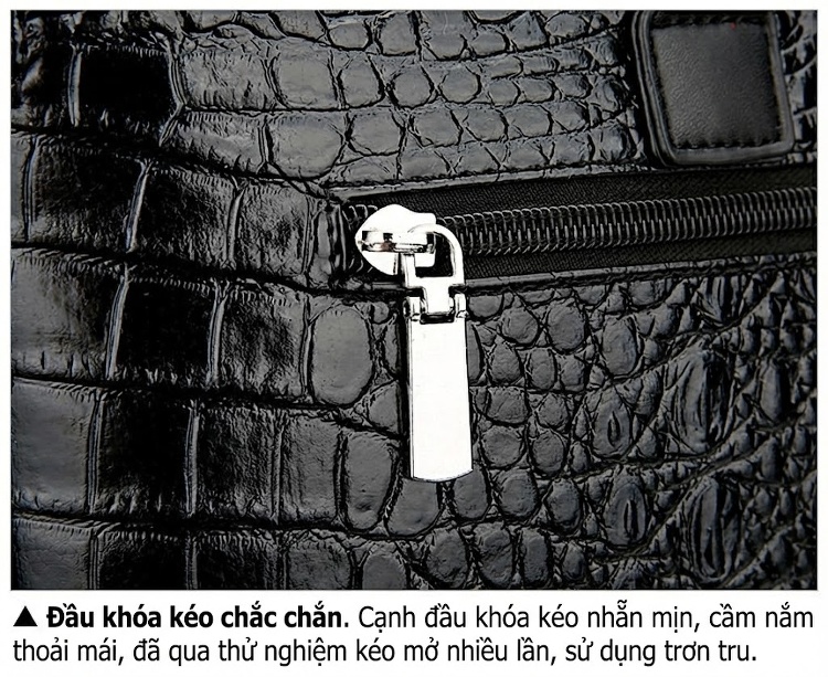 Túi Xách Tay Nam Da Thật Vân Cá Sấu Hai Khóa Kéo Đeo Vai Đựng Laptop Màu Đen chi tiết 32