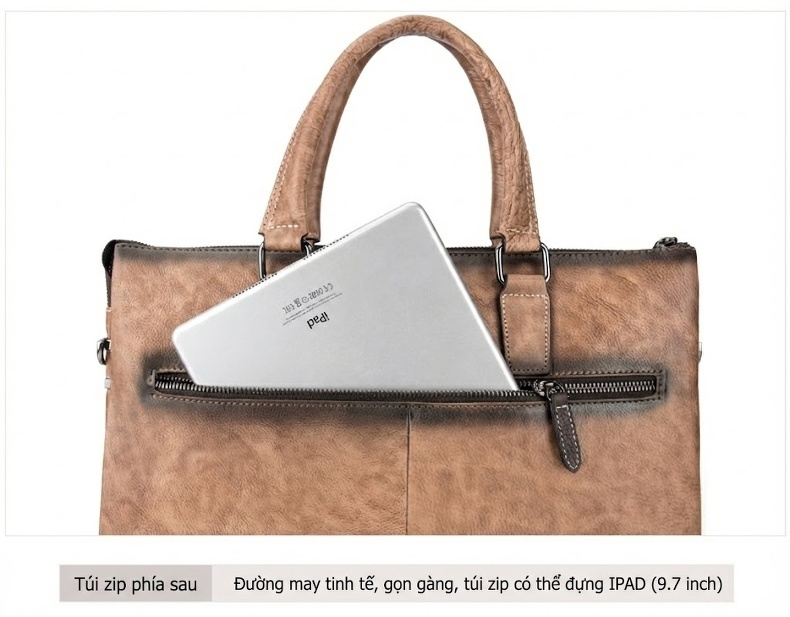 Túi Xách Tay Nam Da Thật Vintage Công Sở Đựng Tài Liệu Màu Nâu, Xám chi tiết 21