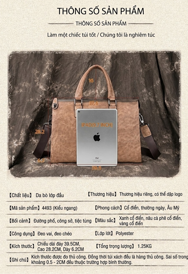 Túi Xách Tay Nam Da Thật Vintage Công Sở Đựng Tài Liệu Màu Nâu, Xám chi tiết 4