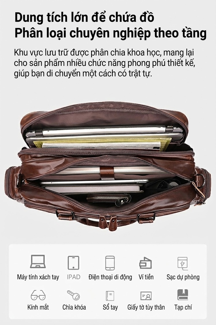 Túi Xách Tay Nam Da Thật Vintage Đựng Laptop 15.6 Inch Có Dây Đeo Chéo Phong Cách Công Sở Màu Nâu chi tiết 20