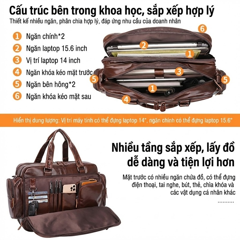 Túi Xách Tay Nam Da Thật Vintage Đựng Laptop 15.6 Inch Có Dây Đeo Chéo Phong Cách Công Sở Màu Nâu