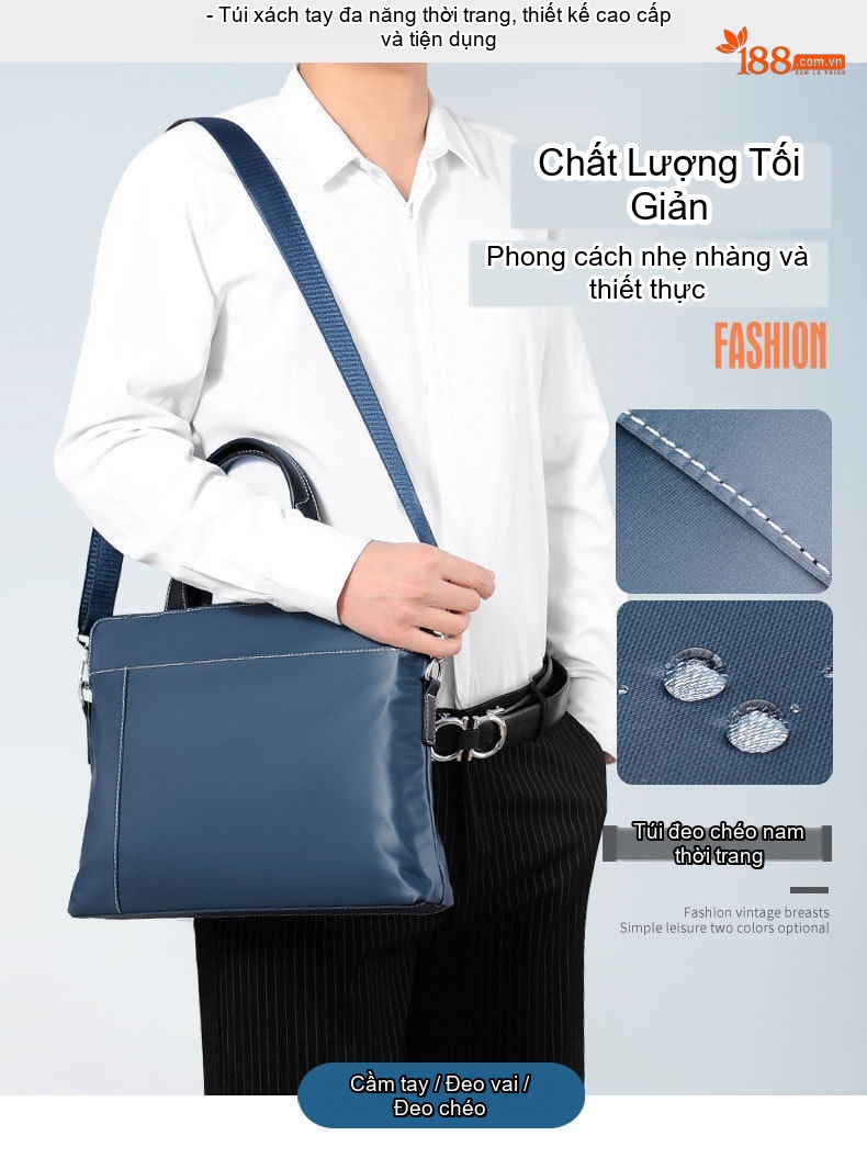 Túi Xách Tay Nam Vải Oxford Chống Nước Đựng Laptop Công Sở Đeo Chéo Màu Đen, Xanh Navy chi tiết 2