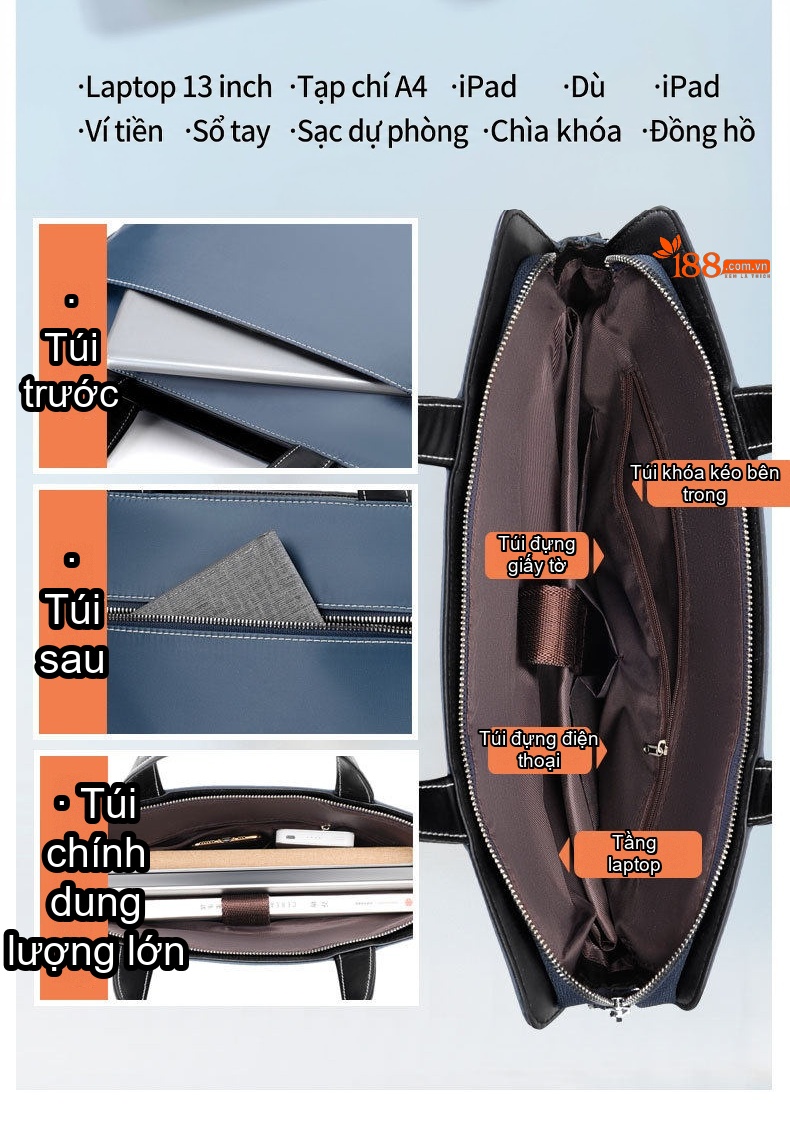 Túi Xách Tay Nam Vải Oxford Chống Nước Đựng Laptop Công Sở Đeo Chéo Màu Đen, Xanh Navy chi tiết 4