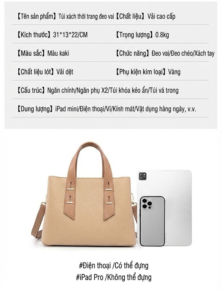 Túi Xách Tay Nữ Công Sở Thời Trang Đeo Vai, Đeo Chéo Màu Be chi tiết 4