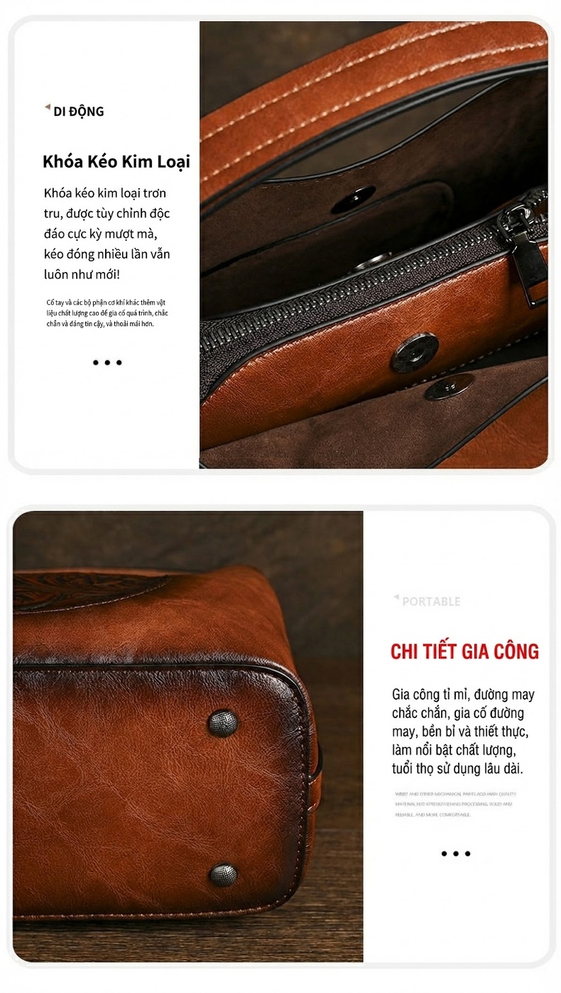 Túi Xách Tay Nữ Da Bề Mặt Mờ Dập Hoa Văn Phong Cách Âu Mỹ Cổ Điển Màu Nâu, Xanh Lá chi tiết 8