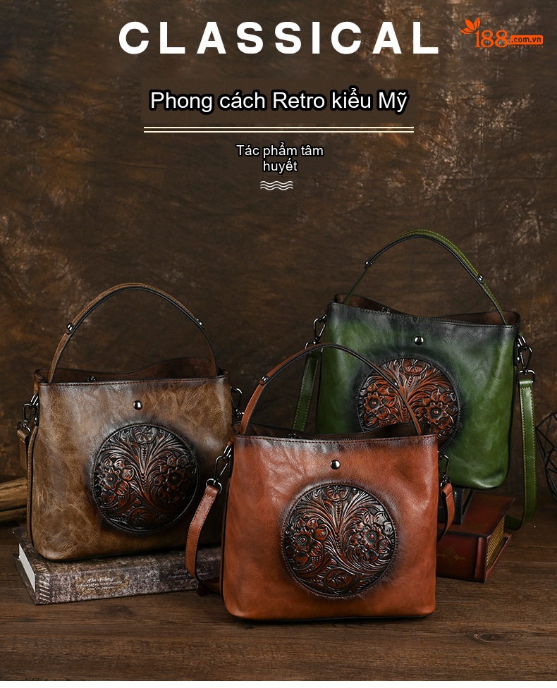 Túi Xách Tay Nữ Da Bề Mặt Mờ Dập Hoa Văn Phong Cách Âu Mỹ Cổ Điển Màu Nâu, Xanh Lá chi tiết 1