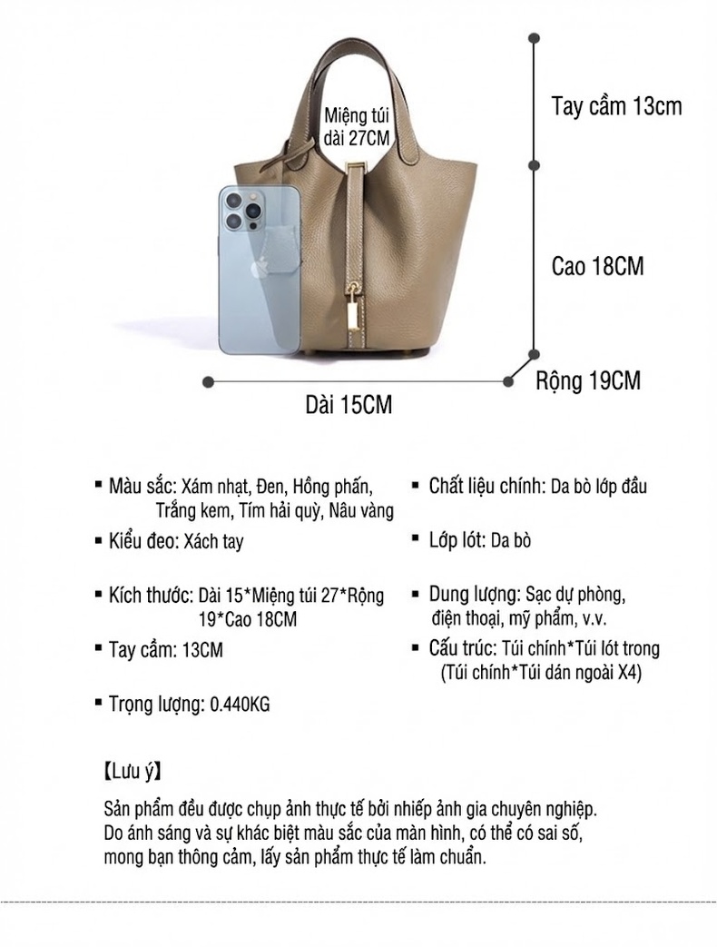 Túi Xách Tay Nữ Da Bò Cao Cấp Dáng Bucket Thiết Kế Tối Giản Màu Be chi tiết 7