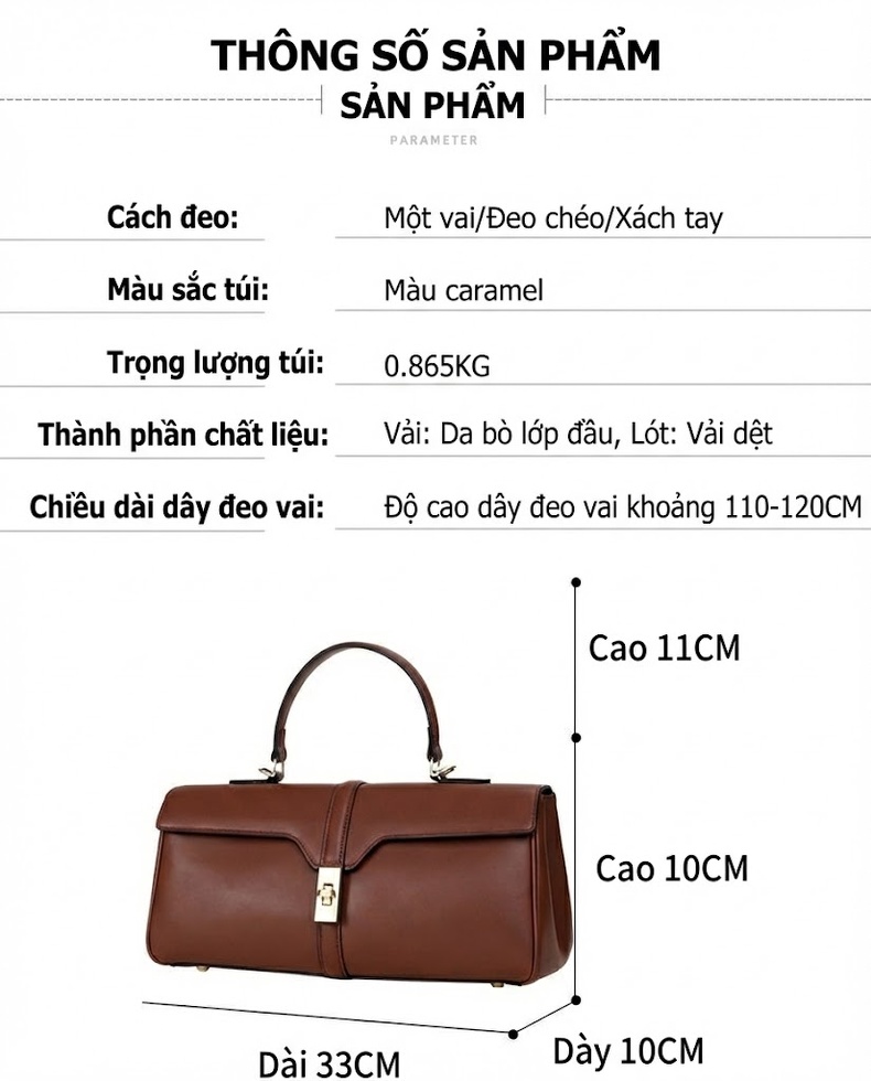 Túi Xách Tay Nữ Da Bò Cao Cấp, Dáng Hộp, Quai Xách và Dây Đeo Màu Caramel chi tiết 19