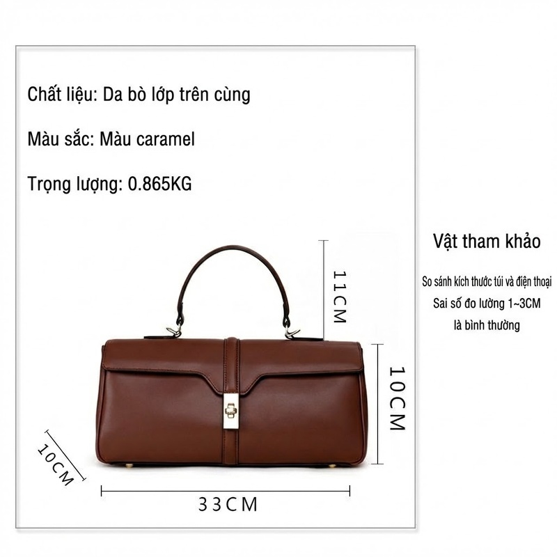 Túi Xách Tay Nữ Da Bò Cao Cấp, Dáng Hộp, Quai Xách và Dây Đeo Màu Caramel