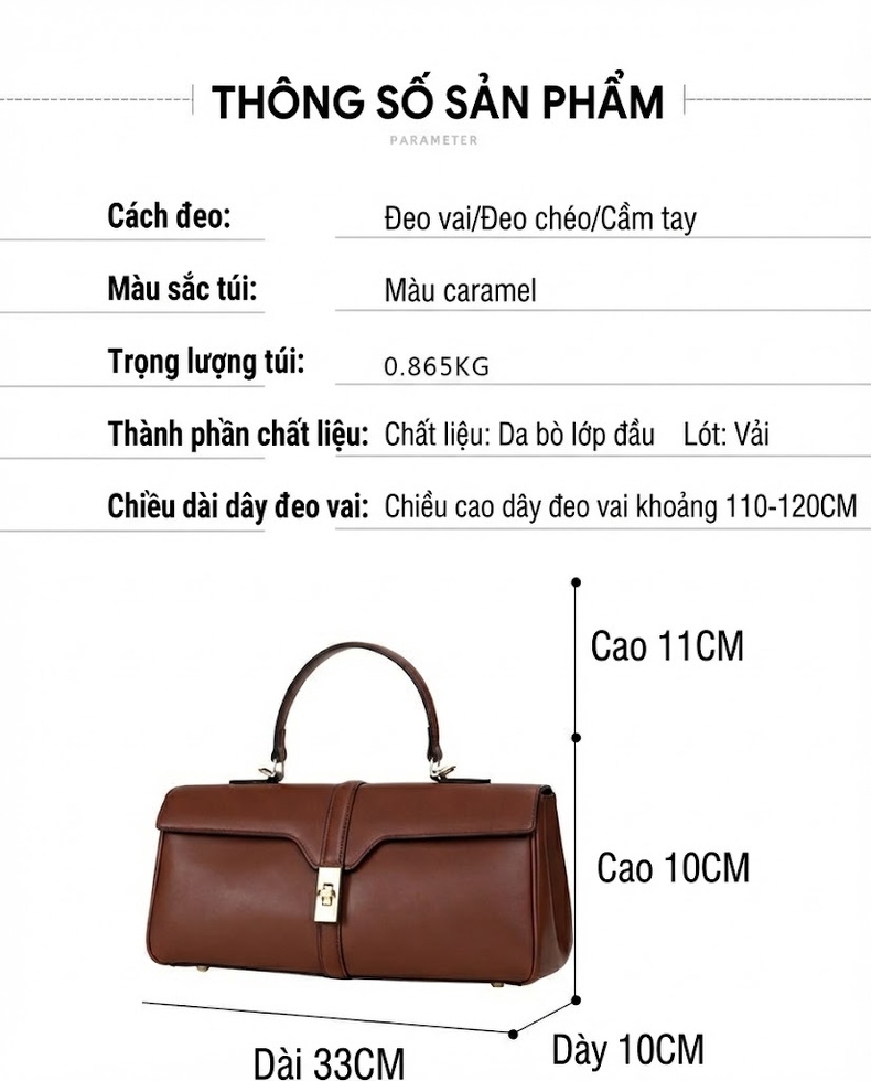 Túi Xách Tay Nữ Da Bò Cao Cấp, Dáng Hộp, Quai Xách và Dây Đeo Màu Caramel chi tiết 5