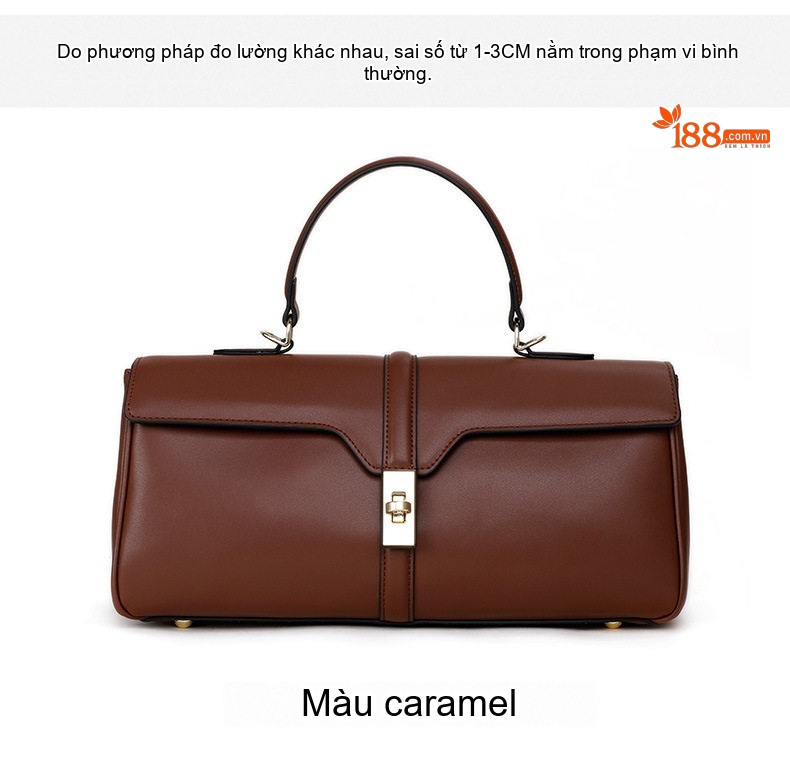 Túi Xách Tay Nữ Da Bò Cao Cấp, Dáng Hộp, Quai Xách và Dây Đeo Màu Caramel chi tiết 6