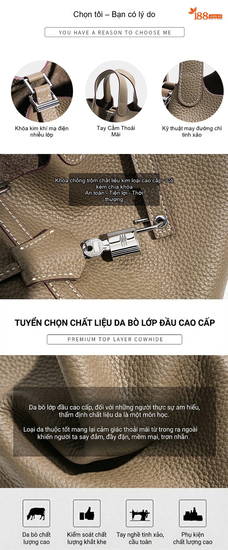 Túi Xách Tay Nữ Da Bò Cao Cấp Dung Tích Lớn Phong Cách Tiểu Thư Màu Nâu, Hồng, Trắng, Xám... chi tiết 8
