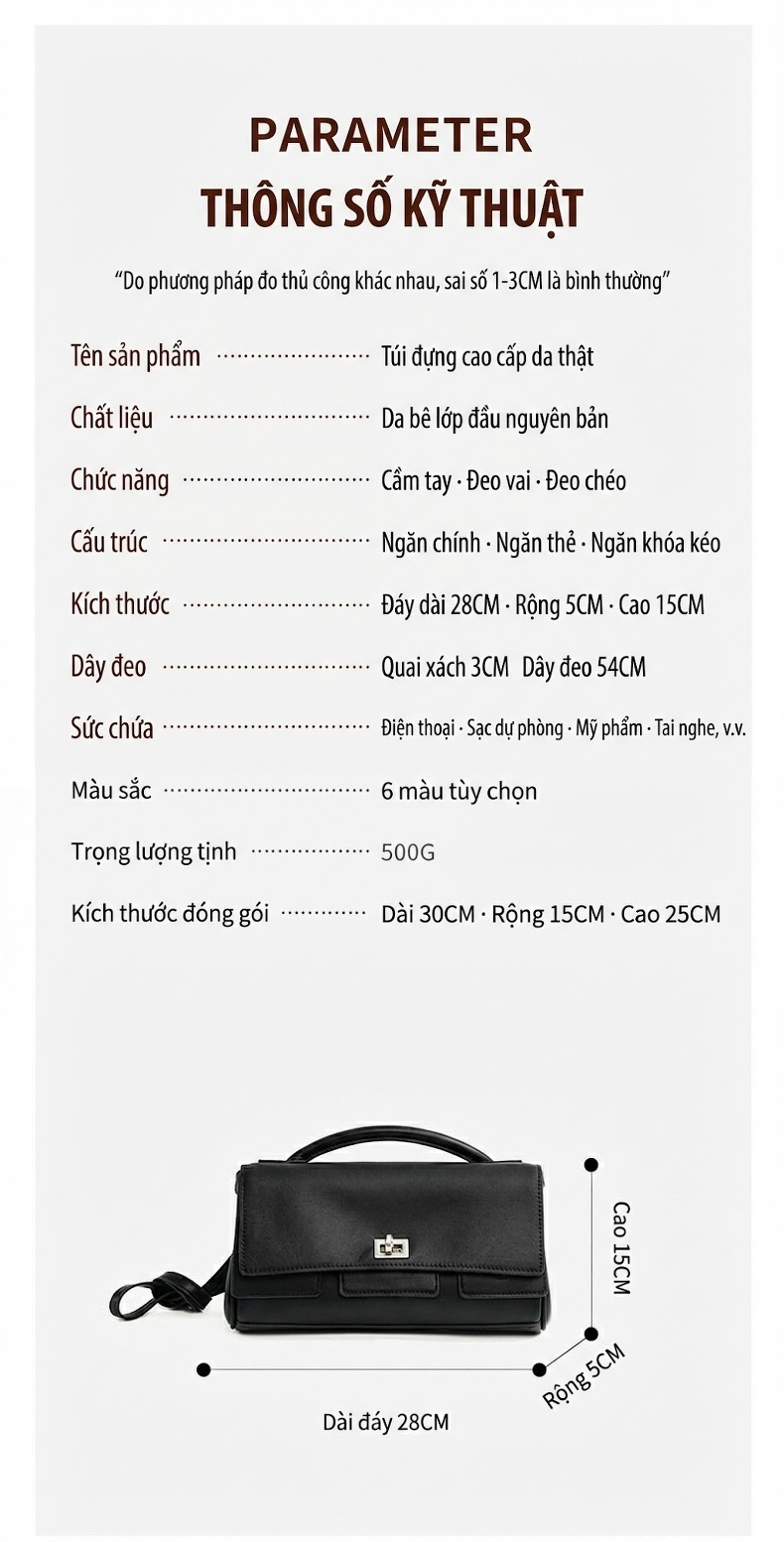 Túi Xách Tay Nữ Da Bò Cao Cấp Thiết Kế Nhỏ Gọn Đeo Chéo Màu Đen, Trắng chi tiết 5