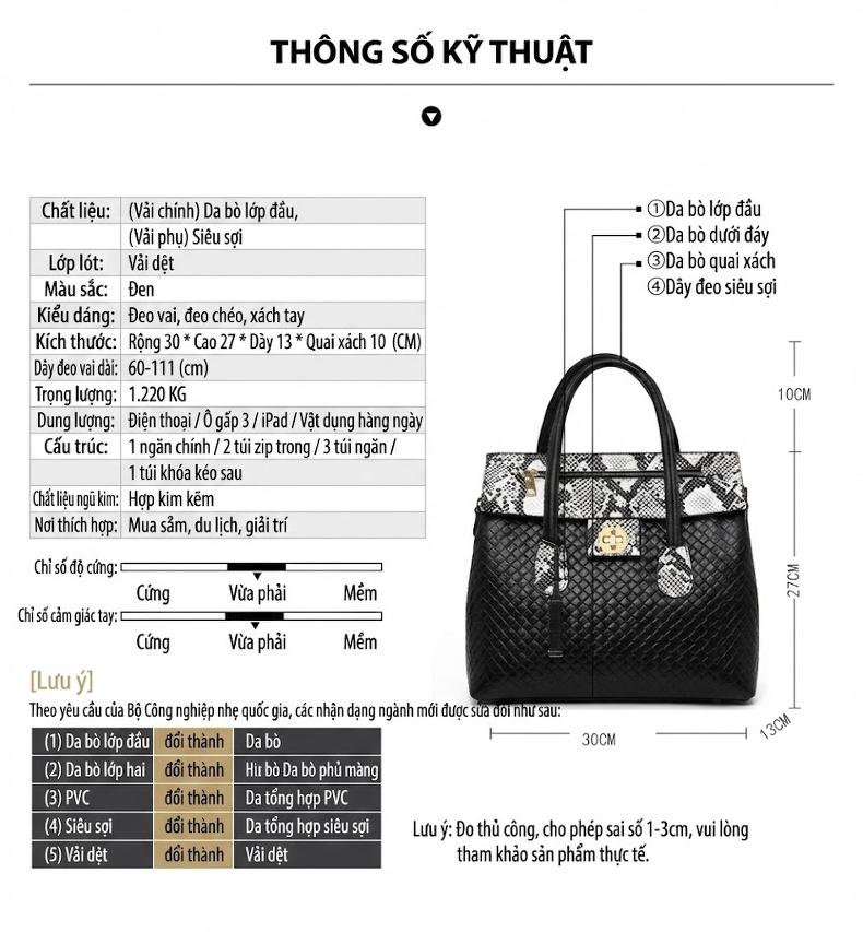 Túi Xách Tay Nữ Da Bò Cao Cấp, Túi Đeo Vai Nữ Da Bò, Túi Tote Nữ Da Bò Dung Tích Lớn Màu Đen chi tiết 1