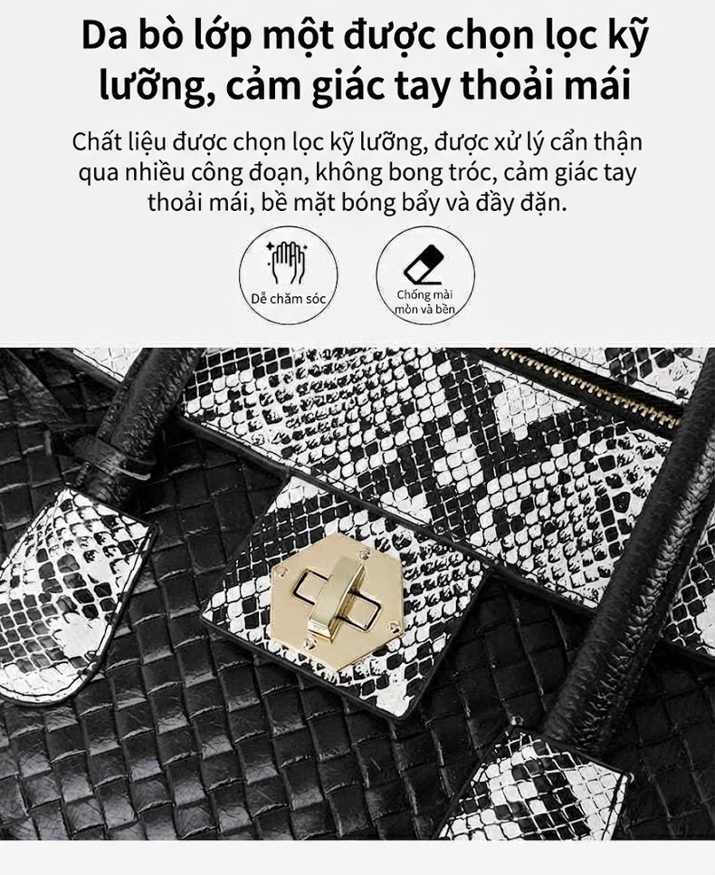 Túi Xách Tay Nữ Da Bò Cao Cấp, Túi Đeo Vai Nữ Da Bò, Túi Tote Nữ Da Bò Dung Tích Lớn Màu Đen chi tiết 3