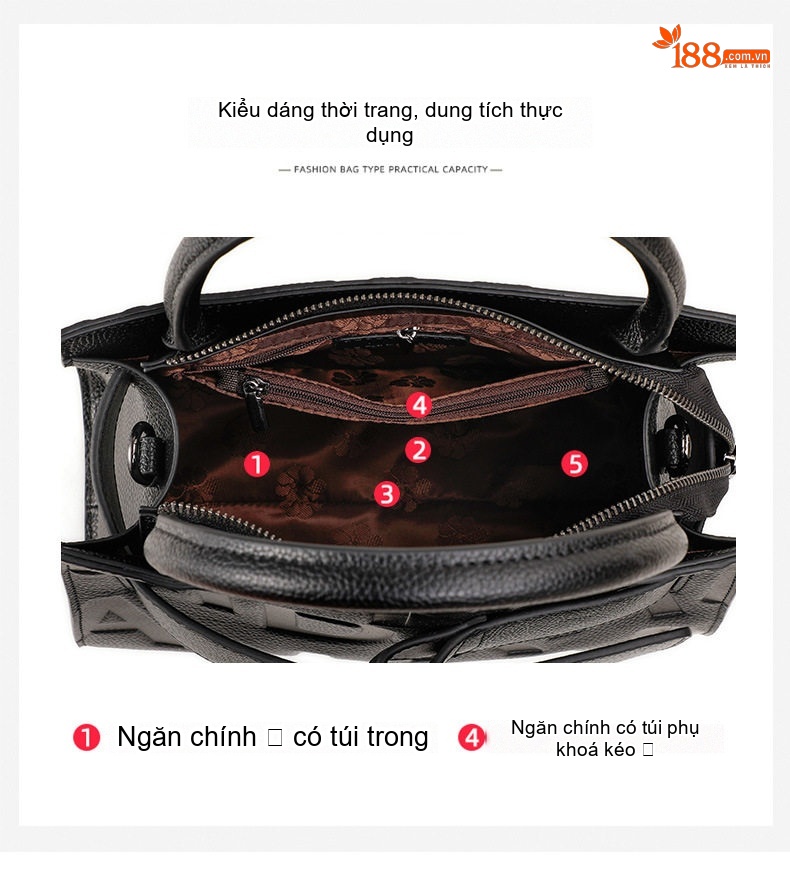 Túi Xách Tay Nữ Da Bò Công Sở Chữ In Nổi Thời Trang Màu Đen chi tiết 7
