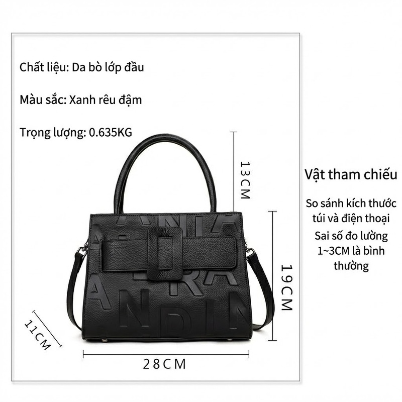Túi Xách Tay Nữ Da Bò Công Sở Chữ In Nổi Thời Trang Màu Đen