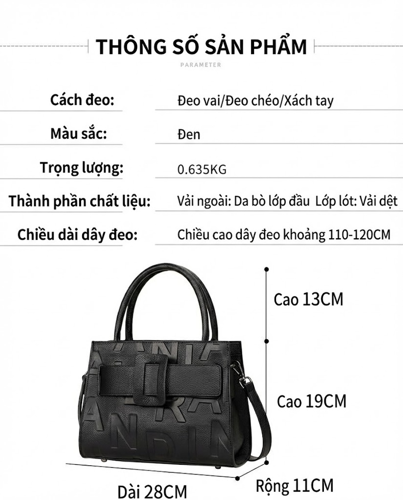 Túi Xách Tay Nữ Da Bò Công Sở Chữ In Nổi Thời Trang Màu Đen chi tiết 5